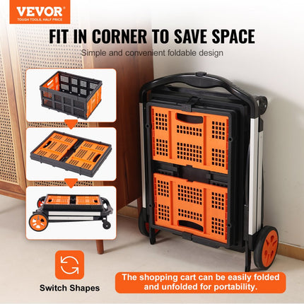 VEVOR Opvouwbare winkelwagen, 90kg laadvermogen, 2-laags opvouwbare winkelwagen met wielen, opvouwbare gereedschapswagen met opbergdoos, 2 in 1 steekwagen voor boodschappen/bagage/verhuizen/kantoor