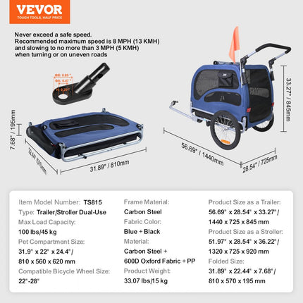 VEVOR hondenaanhanger 45 kg 2-in-1 fietskar koolstofstaal + 600D Oxford stof + PP opvouwbaar 1440 x 725 x 845 mm als aanhangwagen 1320 x 725 x 920 mm als kinderwagen hondenbuggy joggeraanhanger blauw