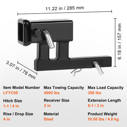 VEVOR Rise-Drop Extender Verlengstuk Trekhaakontvanger 1-1/4" naar 2" Adapter