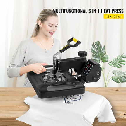VEVOR Warmte Persmachine Transferpers Hittepers Heat Press Machine Press Printer 5 in 1 Zwart Transfer Machine 29x38cm