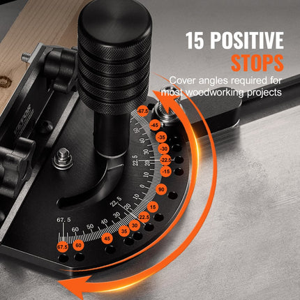 VEVOR verstekaanslag, standaard sleuf 19 x 9,5 mm, tafelzaagaanslag van aluminiumlegering met 46 cm raster, 15 hoekaanslagen, zuiger en verwijderbare schijf, voor houtbewerking