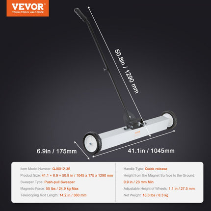 VEVOR magnetische bezem magnetische veegmachine 77-113 cm, magnetische veegmachine magnetische magnetische bezem magnetische bezem magnetische lifter 24,9 kg magnetische kracht magnetische spanenverzamelaar vloerveger veegmachine