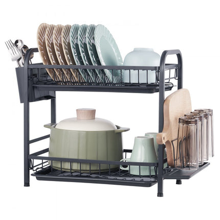 VEVOR afdruiprek servies 545 x 250 x 396 mm, 2-laags afdruiprek roestvrij staal, afdruiprek, afdruiprek met keukengereihouder en lekbak, afdruiprek