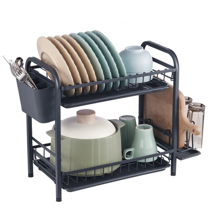 VEVOR afdruiprek servies 545 x 250 x 396 mm, 2-laags afdruiprek roestvrij staal, afdruiprek, afdruiprek met keukengereihouder en lekbak, afdruiprek