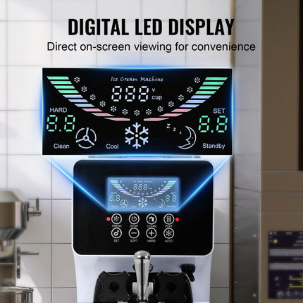 VEVOR Commerciële ijsmachine, 10 l/u vermogen, 900 W, zachte ijsmachine met enkele smaak, aanrecht, met 4 l trechter, 1,6 l cilinder, LCD-scherm, voorkoeling