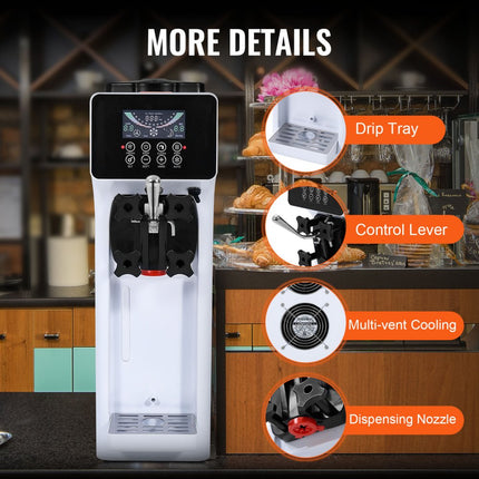 VEVOR Commerciële ijsmachine, 10 l/u vermogen, 900 W, zachte ijsmachine met enkele smaak, aanrecht, met 4 l trechter, 1,6 l cilinder, LCD-scherm, voorkoeling