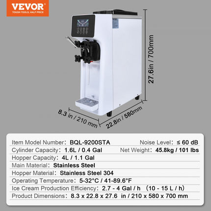 VEVOR Commerciële ijsmachine, 10 l/u vermogen, 900 W, zachte ijsmachine met enkele smaak, aanrecht, met 4 l trechter, 1,6 l cilinder, LCD-scherm, voorkoeling