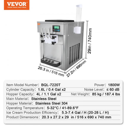 VEVOR Commerciële ijsmachine, 1800 W, 3 smaken, Softijsmachine aanrecht, 2 x 4 liter trechter, 2 x 1,8 liter cilinder, LCD-scherm, automatische reiniging, voorkoeling