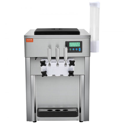VEVOR Commerciële ijsmachine, 1800 W, 3 smaken, Softijsmachine aanrecht, 2 x 4 liter trechter, 2 x 1,8 liter cilinder, LCD-scherm, automatische reiniging, voorkoeling