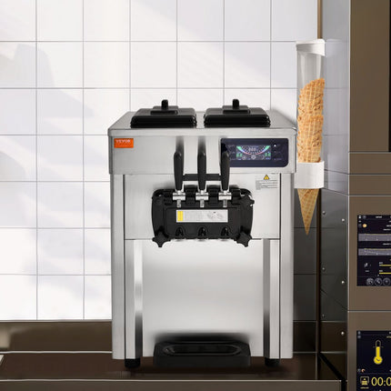 VEVOR Commerciële ijsmachine 18-28L/u 3 smaken Italiaanse ijsmachine 2 x 5,5L trechter LCD-paneel Automatische voorkoeling Reiniging voor yoghurt Koffie Snackbar Restaurant