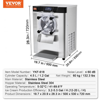 VEVOR Commerciële ijsmachine, 12L/H ijsmachine op aanrecht met enkele smaak voor harde porties, 4,5 liter roestvrijstalen cilinder, LED-paneel, automatische voorkoeling met reiniging