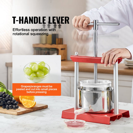 VEVOR 6 L Fruitpers Appelpers Fruitpers met T-Handvat, Bessenpers 18 x 15 cm Appelpers Handmatige Juicer Fruitpers Mechanische RVS Pers Geschikt voor Sap Fruitpuree enz.