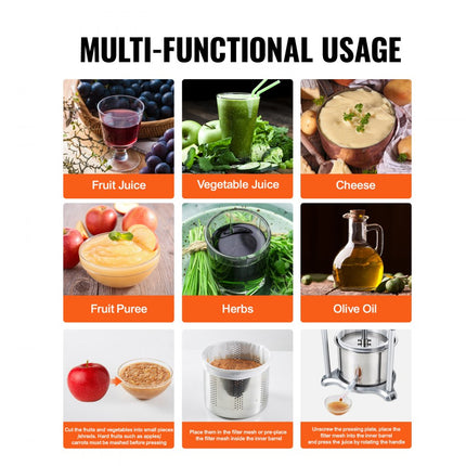 VEVOR 6 L fruitpers appelpers fruitpers pureepers, bessenpers 18 x 15 cm appelpers handmatige fruitpers fruitpers mechanische RVS pers geschikt voor sap fruitpuree etc.