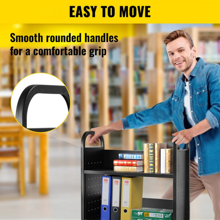 VEVOR boekenwagen, 90 kg bibliotheekwagen, 75 x 35 x 125 cm rollende boekenwagen, enkelzijdige L-vormige platte planken met afsluitbare 10 cm wielen voor thuisplanken, kantoor- en schoolboekenwagens