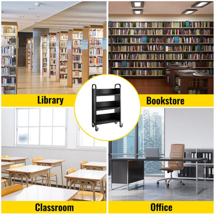 VEVOR boekenwagen, 90 kg bibliotheekwagen, 75 x 35 x 125 cm rollende boekenwagen, enkelzijdige L-vormige platte planken met afsluitbare 10 cm wielen voor thuisplanken, kantoor- en schoolboekenwagens