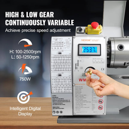 VEVOR metaaldraaibank 211x750mm draaibank metaal 50-2500rpm tafeldraaibank tafeldraaibank 750W 14x metrisch (van 0,3 tot 3 mm) 10x imperial (van 10 tot 44 TPI) draad MT5 spindelkegel