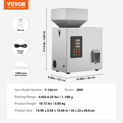 VEVOR Poedervulmachine 0,002-0,22 lbs / 1-100 g Automatische intelligente deeltjesweegvulmachine Flessenzak Poedervuller Deeltjesdispenser voor theezaden, granen, poeder, meel, bonen, glitter