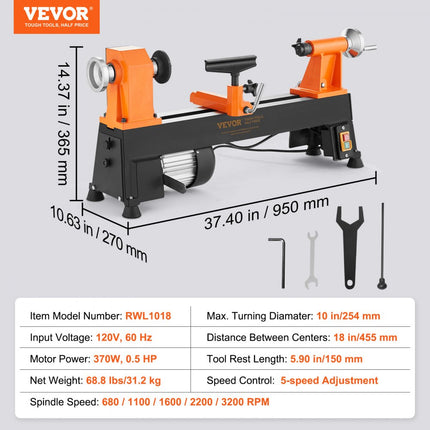 VEVOR draaibank 370W draaibank max. draaidiameter 254mm draaibank spiltoerental 780-3840rpm kopieerdraaibank met 5 snelheden draaibank met complete toebehoren