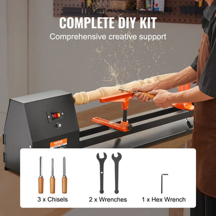 VEVOR draaibank 370W draaibank max. draaidiameter 350mm draaibank spiltoerental 885-2425rpm kopieerdraaibank met 4 snelheden draaibank met complete toebehoren