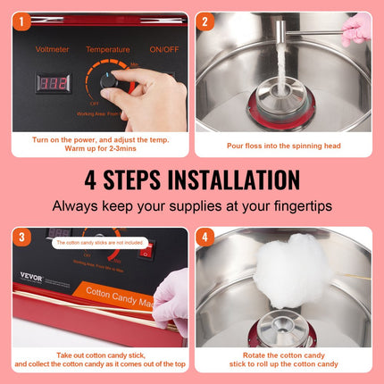 VEVOR elektrische suikerspinmachine, 1kW suikerspinmachine, commerciële suikerspinmachine met deksel, roestvrijstalen kom en suikerlepel, voor kinderverjaardagsfeestjes thuis, familiebijeenkomsten (rood)
