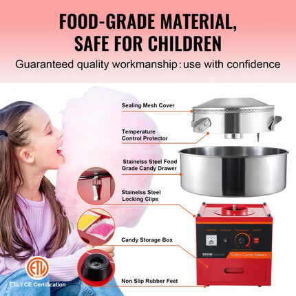 VEVOR elektrische suikerspinmachine, 1000W suikerspinmachine, commerciële suikerspinmachine met roestvrijstalen kom, suikerschep en lade, perfect voor familiebijeenkomsten, rood