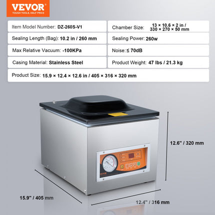 VEVOR kamervacuümapparaat 260 W vacuümapparaat voor vochtige voedingsmiddelen, vleesmarinades etc. compact formaat met 26 cm seallengte toepassing in particuliere keukens en commerciële ruimtes