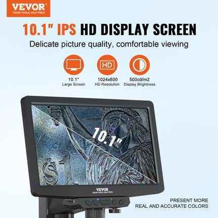 VEVOR digitale microscoop met 26 cm HD-scherm 10X-1300X vergroting gereflecteerde lichtmicroscoop USB-microscoop 8 LED, 2 miljoen pixels, 1080P videoresolutie, 1920x1080 fotoresolutie 32 GB geheugenkaart