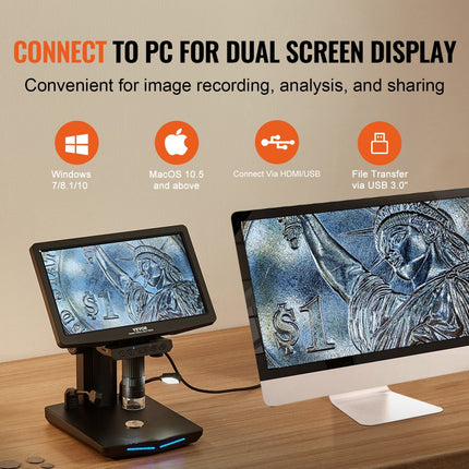 VEVOR digitale microscoop met 26 cm HD-scherm 10X-1300X vergroting gereflecteerde lichtmicroscoop USB-microscoop 8 LED, 2 miljoen pixels, 1080P videoresolutie, 1920x1080 fotoresolutie 32 GB geheugenkaart