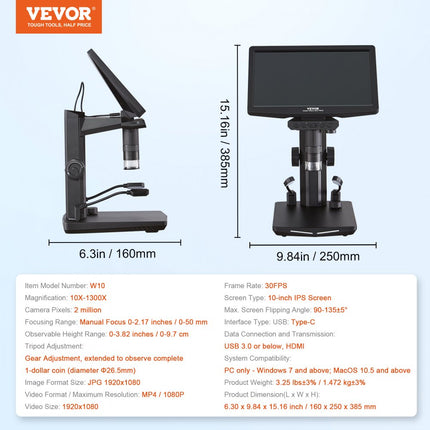 VEVOR digitale microscoop met 26 cm HD-scherm 10X-1300X vergroting gereflecteerde lichtmicroscoop USB-microscoop 8 LED, 2 miljoen pixels, 1080P videoresolutie, 1920x1080 fotoresolutie 32 GB geheugenkaart