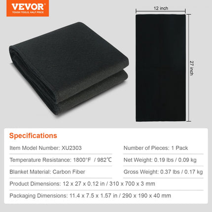 VEVOR lasdeken 310 x 700 x 3 mm lasdeken 982 ℃ hittebestendigheid hittebeschermingsstof hittebeschermingsmat koolstofvezel blusdeken brandwerende pad brandwerende mat brandmat zwart
