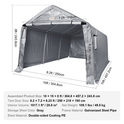 VEVOR tentgarage 304,8 x 457,2 x 243,8 cm garagetent gemaakt van gegalvaniseerde stalen staven en een drielaagse 240G PE-afdekking opbergtent carport 250 x 218 x 190 cm tentdeurmaat uitrusting tent grijs