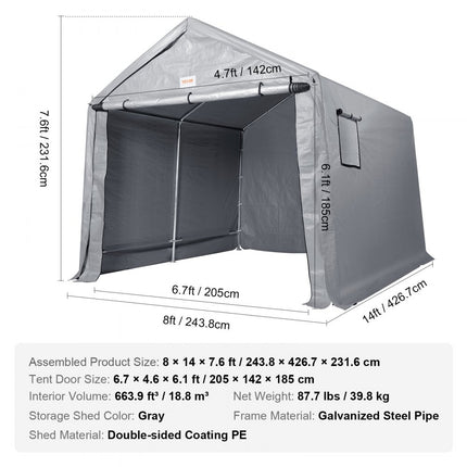 VEVOR tentgarage 243,8 x 426,7 x 231,6 cm garagetent gemaakt van gegalvaniseerde stalen staven en een drielaagse 240G-PE hoes opbergtent carport 205,8 x 142,7 x 185 cm tentdeurmaat uitrusting tent grijs