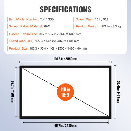 VEVOR Projectiescherm Beamer Scherm 110 16:9 Projector Screen Projection Hd Home Theatre Outdoor Portable On