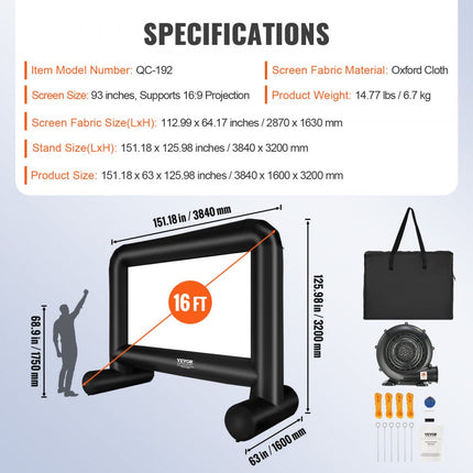 VEVOR opblaasbaar projectiescherm van PVC 254 cm 1080P, 4K, 3D, HDR buiten draagbaar projectiescherm filmscherm 16:9 voor thuisbioscoop, tuin, camping, vrijetijdsevenementen etc.