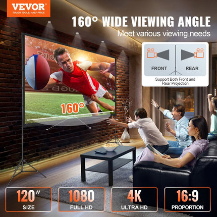 VEVOR Projectieprojectiescherm met standaard 120 inch HD 4K Outdoor Indoor Projectiescherm Snel opvouwbaar Draagbaar filmscherm 16:9 voor thuisbioscoop, camping en vrijetijdsevenementen Zwart