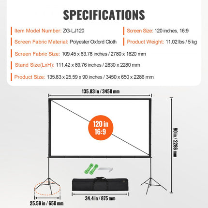 VEVOR Projectieprojectiescherm met standaard 120 inch HD 4K Outdoor Indoor Projectiescherm Snel opvouwbaar Draagbaar filmscherm 16:9 voor thuisbioscoop, camping en vrijetijdsevenementen Zwart