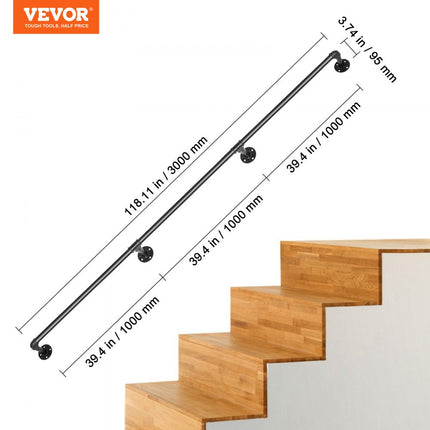 VEVOR Balustrade Trap Pijp Trapleuning 3 m Leuningen Trappen Binnen Zwarte Outdoor Indoor Universele Trapleuning Gemaakt van Koolstofstaal en Matte