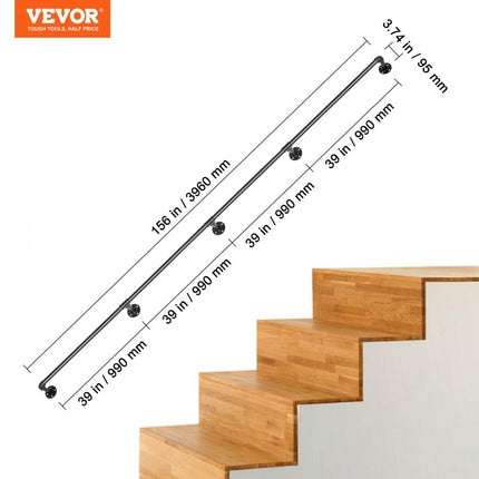 VEVOR Balustrade Trap Pijp Trapleuning 3,96 M Leuningen Trappen Binnen 200 Kg Laadvermogen Outdoor Indoor Universele Trapleuning van Koolstofstaal