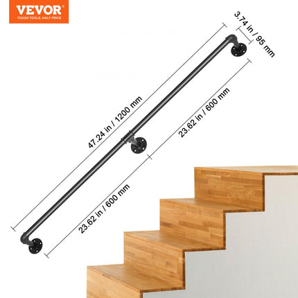 VEVOR Balustrade Trap Pijp Trapleuning 1,2m Leuningen Trappen Zwart Outdoor Indoor Universele Trapleuning Gemaakt van Koolstofstaal Matte Afwerking