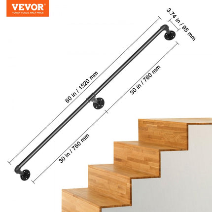 VEVOR Balustrade Trap Pijp Trapleuning 1,52 m Leuningen Trappen Binnen Zwart Outdoor Indoor Universele Trapleuning van Koolstofstaal Matte Afwerking