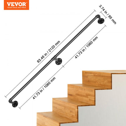 VEVOR Balustrade Trap Pijp Trapleuning 2,12 m Leuningen Trappen Binnen Zwart Outdoor Indoor Universele Trapleuning van Koolstofstaal en Matte