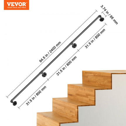 VEVOR Balustrade Trap Pijp Trapleuning 2,4 m Leuningen Trappen 200 kg Laadvermogen Outdoor Indoor Universele Trapleuning Gemaakt van Koolstofstaal