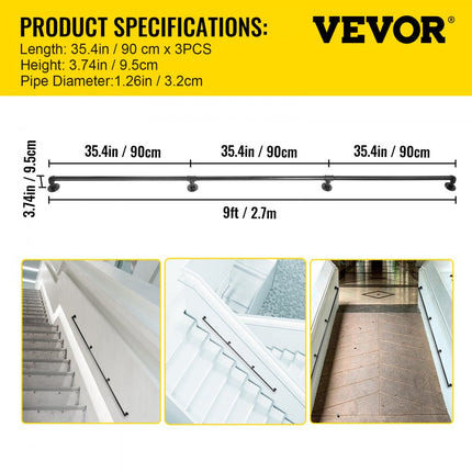 VEVOR Balustrade Trap Pijp Trapleuning 2,7 m Leuningen Trappen Binnen Zwart Outdoor Indoor Universele Trapleuning van Koolstofstaal en Matte