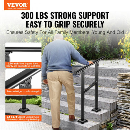 VEVOR Trapleuning, Geschikt voor 0-1 Stap Overgangs Smeedijzeren Trap Rail, Verstelbare Balustrade Trap Rail, Trapleuning Steun voor Betonnen Treden met Installatiekit, Mat Zwarte Buiten Trapleuning