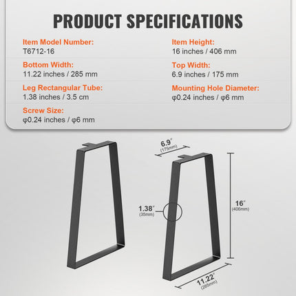 VEVOR set van 2 tafellopers 406,4 mm hoog tafelframe 181 kg draagvermogen tafelpoten van koolstofstaal meubelpoten zwart tafelonderstel ideaal voor keukentafels woonkamer consoles studiotafels etc.