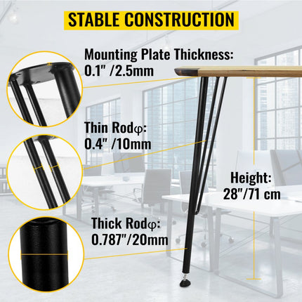 VEVOR metalen haarspeld tafelpoten 28" bureaupoten set van 4 zware bankpoten 3 bar meubelpoten smeedijzeren salontafelpoten meubelpoten voor eettafels met rubberen vloerbeschermers