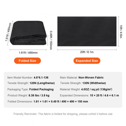 VEVOR niet-geweven geotextielstof 15x20FT 4OZ bodembedekkende onkruidbestrijdingsstof