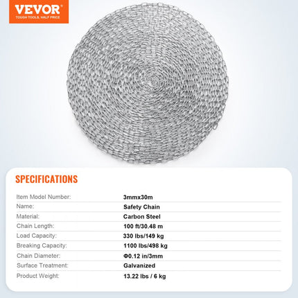 VEVOR stalen ketting koolstofstalen schakelketting barrièreketting 3 mm x 30,48 m