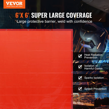 VEVOR lasgordijnscherm, 6x6ft hangende lasgordijnmuur, vlamvertragende vinyl lasschermen met 6 niveaus UV-bescherming en metalen oogjes, draagbaar voor werkplaats/industrie, rood