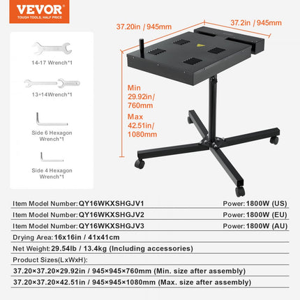 VEVOR flitsdroger voor zeefdruk Sneldroger 41x41cm, 0-750℉ temperatuurregeling, hoogwaardige zeefdrukdroger met in hoogte verstelbare standaard, 360 ° rotatie, T-shirtuithardingsmachine